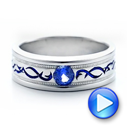 14k White Gold Custom Engraved Blue Sapphire Men's Wedding Band - Video -  102213 - Thumbnail