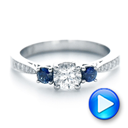 14k White Gold Custom Three Stone Blue Sapphire And Diamond Engagement Ring - Video -  102250 - Thumbnail