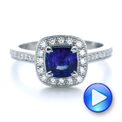 14k White Gold 14k White Gold Custom Blue Sapphire And Diamond Halo Engagement Ring - Video -  102311 - Thumbnail