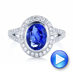 18k White Gold Custom Blue Sapphire And Diamond Halo Engagement Ring - Video -  102444 - Thumbnail