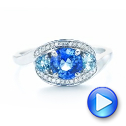 14k White Gold Custom Blue Sapphire Aquamarine And Diamond Engagement Ring - Video -  102782 - Thumbnail