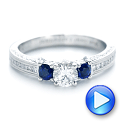  Platinum Custom Three Stone Blue Sapphire And Diamond Engagement Ring - Video -  102926 - Thumbnail