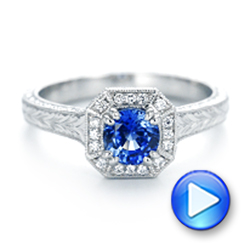  Platinum Custom Blue Sapphire And Diamond Halo Engagement Ring - Video -  103006 - Thumbnail