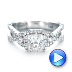 14k White Gold Custom Three Stone Diamond Halo Engagement Ring - Video -  103204 - Thumbnail