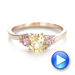 14k Rose Gold Custom Three Stone Yellow And Pink Sapphire And Diamond Engagement Ring - Video -  103216 - Thumbnail