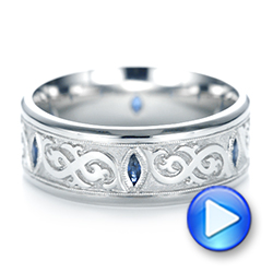 18k White Gold 18k White Gold Custom Engraved Blue Sapphire Men's Wedding Band - Video -  103237 - Thumbnail