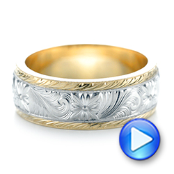 18k Yellow Gold And Platinum Custom Two-tone Hand Engraved Men's Band - Video -  103348 - Thumbnail