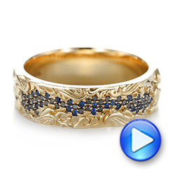  14K Gold Custom Engraved Blue Sapphire And Black Diamond Men's Band - Video -  103410 - Thumbnail