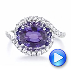14k White Gold Custom Alexandrite Blue And Purple Sapphire And Diamond Halo Engagement Ring - Video -  103443 - Thumbnail