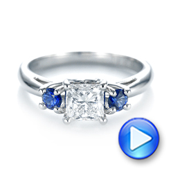 14k White Gold 14k White Gold Custom Three Stone Blue Sapphire And Diamond Engagement Ring - Video -  103484 - Thumbnail