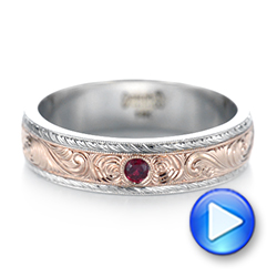  14K Gold And 14k Rose Gold Custom Two-tone Hand Engraved Ruby Men's Band - Video -  103485 - Thumbnail