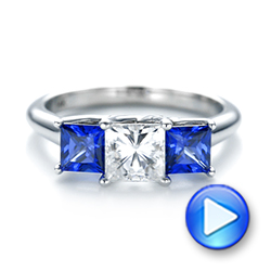 14k White Gold Custom Three Stone Blue Sapphire And Diamond Engagement Ring - Video -  103529 - Thumbnail