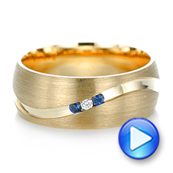 18k Yellow Gold Custom Brushed Finish Blue Sapphire And Diamond Men's Band - Video -  103653 - Thumbnail