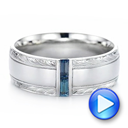 14k White Gold Custom Hand Engraved London Blue Topaz Men's Band - Video -  104028 - Thumbnail