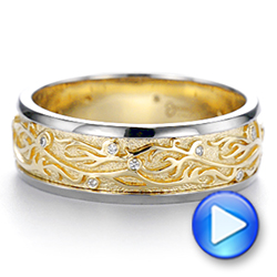 18k Yellow Gold And 18K Gold 18k Yellow Gold And 18K Gold Custom Hand Engraved Two-tone Diamond Men's Band - Video -  104095 - Thumbnail