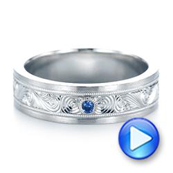 14k White Gold 14k White Gold Custom Hand Engraved Blue Sapphire Men's Band - Video -  104825 - Thumbnail