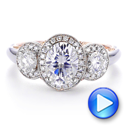  Platinum And 14k Rose Gold Two-tone Three Stone Diamond Halo Engagement Ring - Video -  104860 - Thumbnail