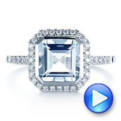 14k White Gold Emerald Cut Aquamarine And Diamond Halo Ring - Video -  105445 - Thumbnail