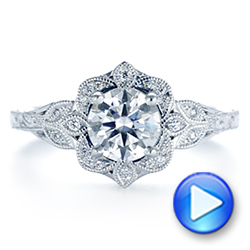 14k White Gold Vintage Floral Diamond Halo Engagement Ring - Video -  105767 - Thumbnail