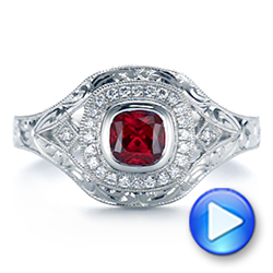  Platinum Hand Engraved Ruby And Diamond Halo Engagement Ring - Video -  105770 - Thumbnail
