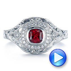 14k White Gold 14k White Gold Hand Engraved Ruby And Diamond Halo Engagement Ring - Video -  105770 - Thumbnail