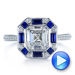 18k White Gold Blue Sapphire And Diamond Halo Engagement Ring - Video -  105773 - Thumbnail