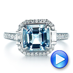 14k White Gold Aquamarine And Diamond Halo Fashion Ring - Video -  105976 - Thumbnail