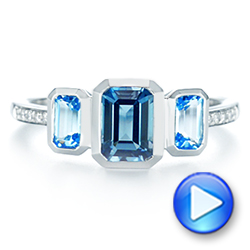 18k White Gold 18k White Gold Emerald Cut Blue Topaz And Diamond Three-stone Ring - Video -  106024 - Thumbnail