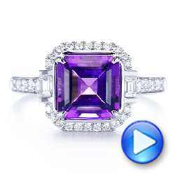 18k White Gold 18k White Gold Amethyst And Baguette Diamond Halo Ring - Video -  106049 - Thumbnail