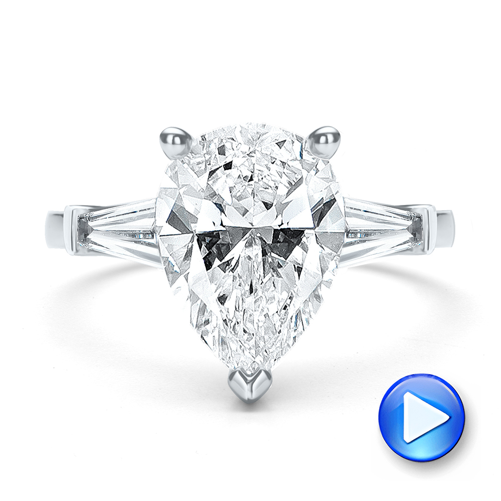 14k White Gold Three Stone Pear And Tapered Baguette Diamond Engagement Ring - Video -  107807 - Thumbnail