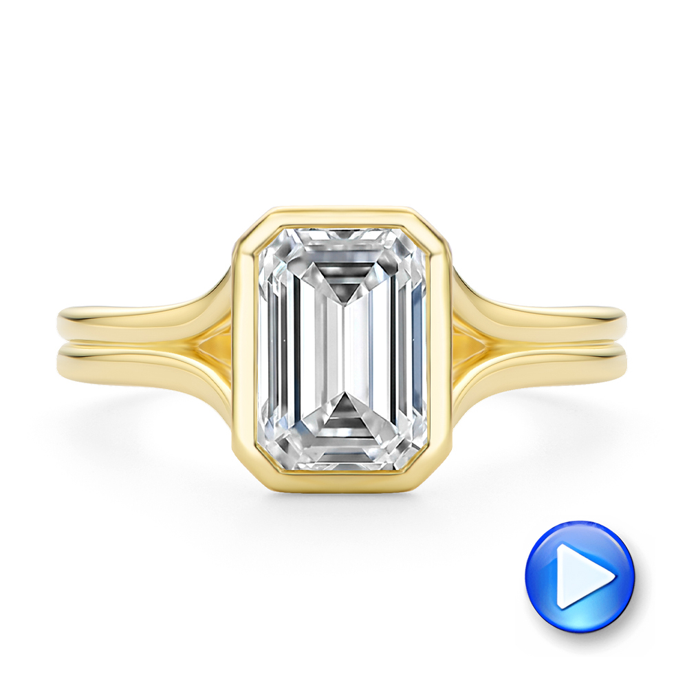 14k Yellow Gold Split Shank Bezel Set Emerald Diamond Engagement Ring - Video -  108339 - Thumbnail